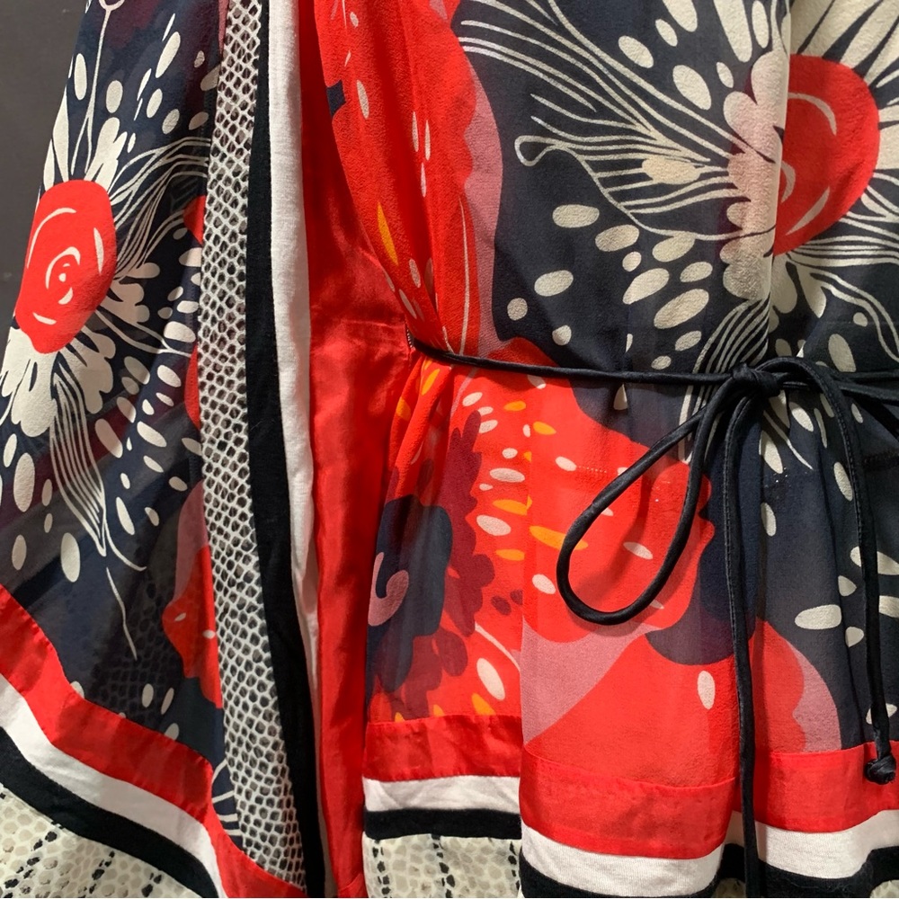 VIVIENNE TAM Silk Wrap Blouse Scarf Lace Belt Printed Floral Mixed Patterns P/S - Picture 2 of 11